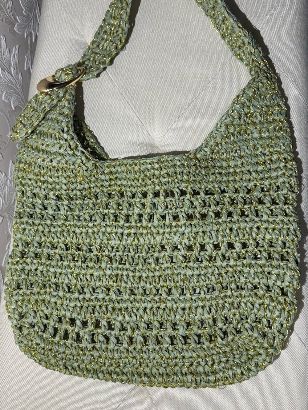Anthropologie Nikki Raffia Buckle Bag Woven Olive Green Crochet Shoulder Bag - Picture 8 of 10